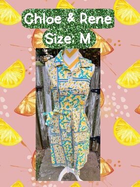 Sleeveless Yellow Lemon-Print Midi Shirt Dress with Tie Waist